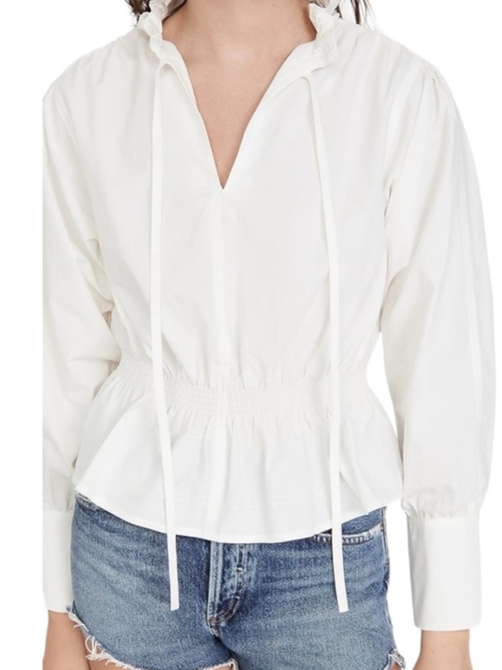 Rebecca Taylor Cream Cotton Peplum Blouse with Tie Neck